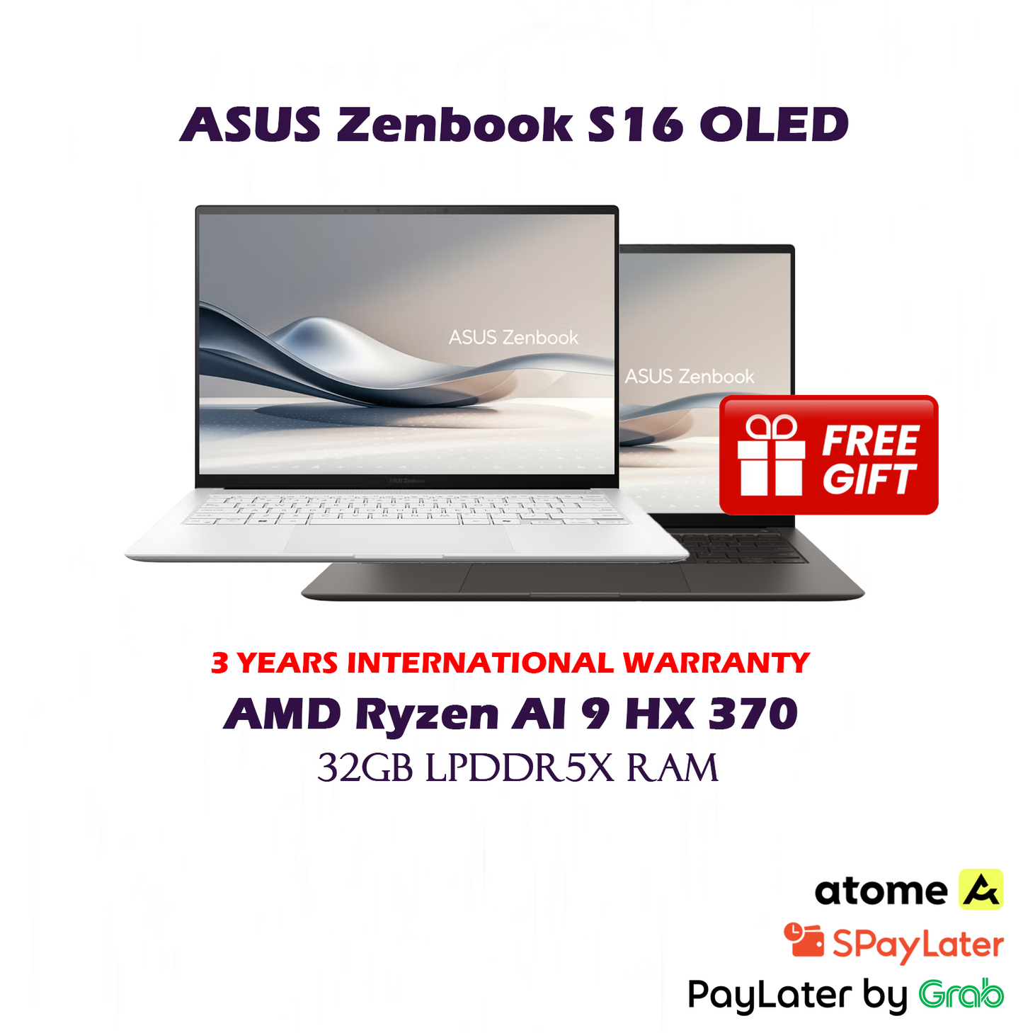 1TB ASUS Zenbook S16 OLED Touch Screen Laptop  32GB LPDDR5X RAM  AMD Ryzen AI 9 HX 370 - S 16