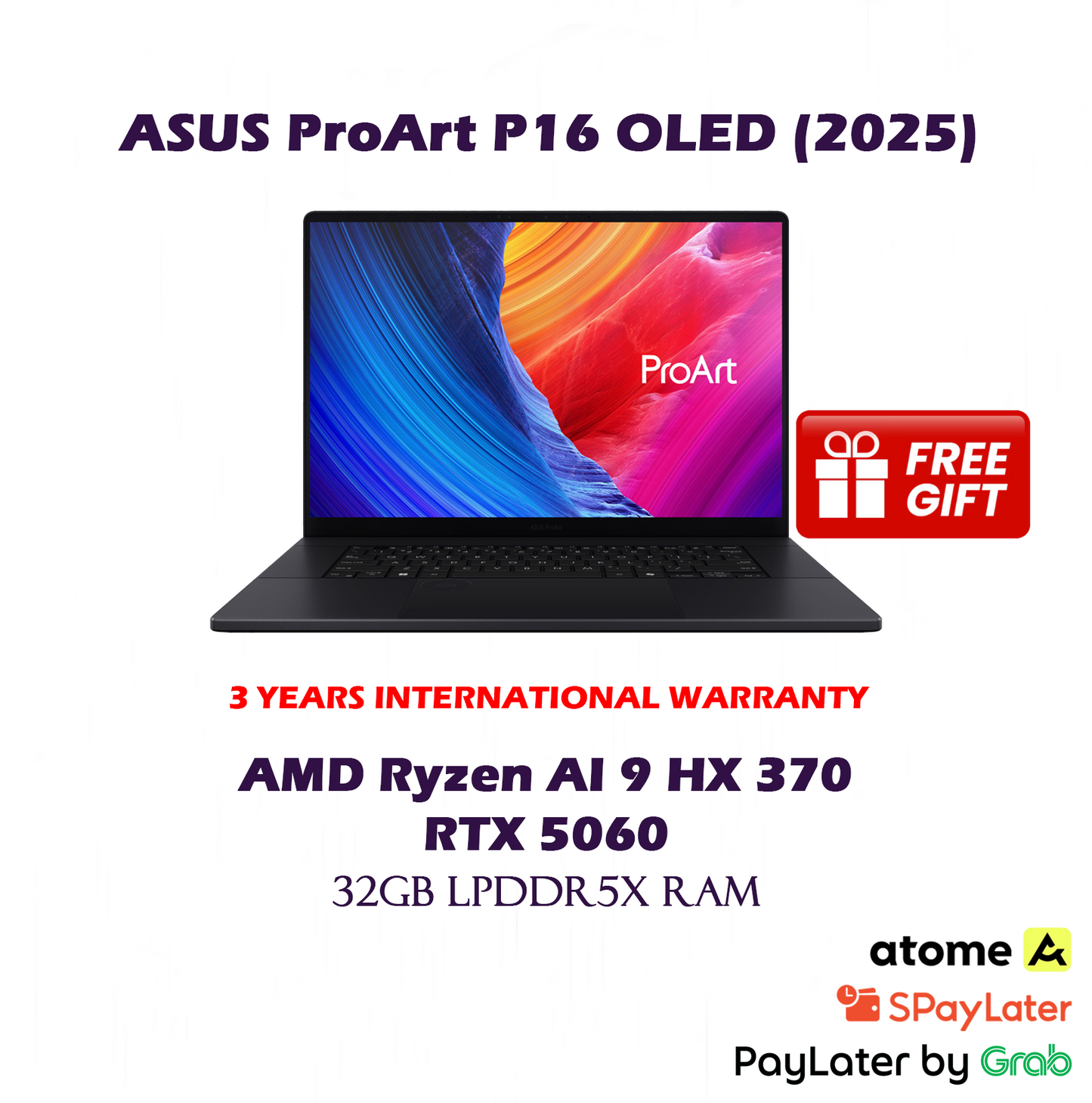 [2025] 1TB ASUS ProArt P16 OLED Touch Screen Laptop AMD Ryzen AI 9 370 / 32GB RAM / RTX 5060