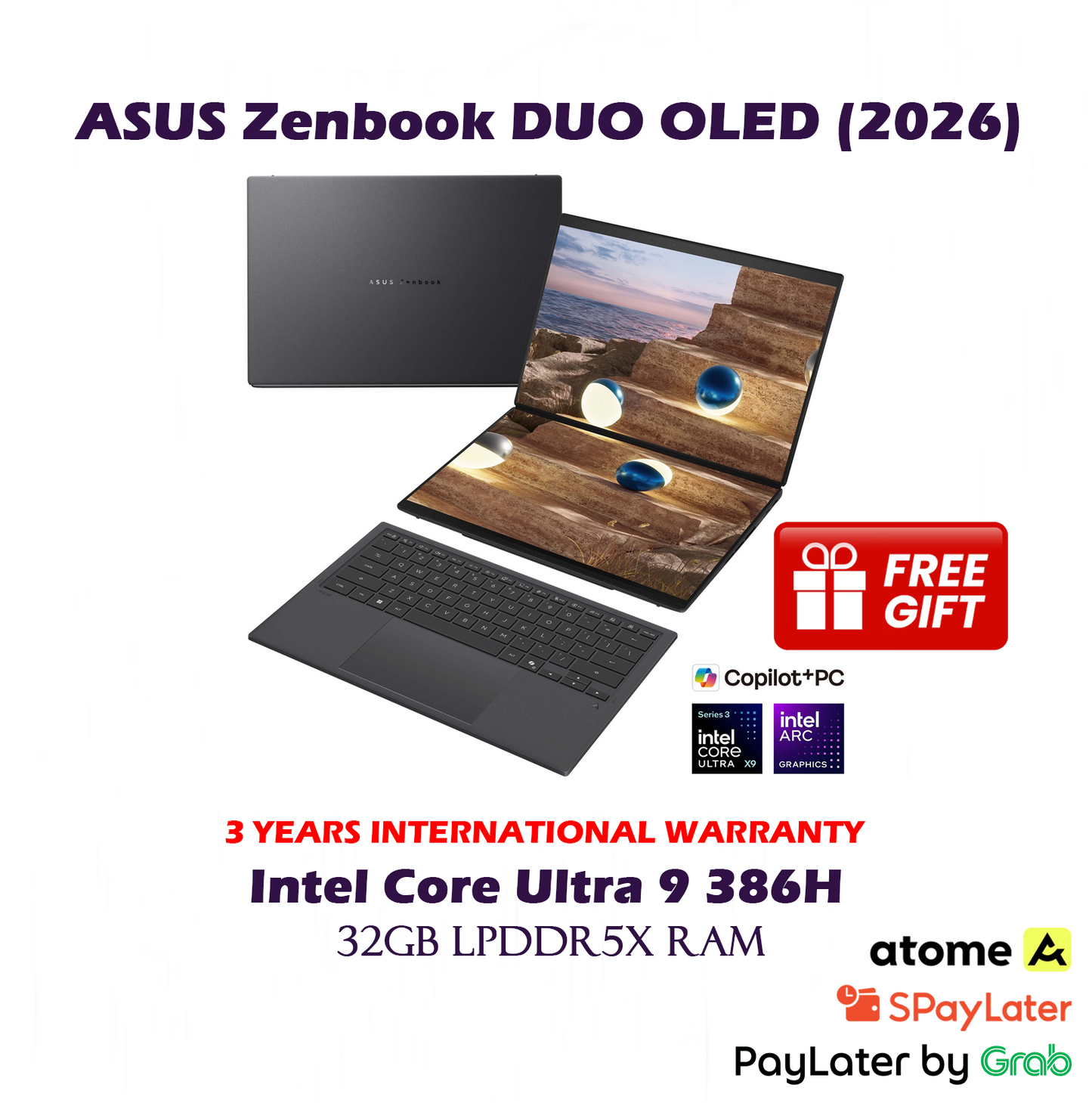 [2026] 1TB SSD ASUS Zenbook DUO 3K 14" OLED Touch Screen Laptop / Intel Core Ultra 9 386H / 32GB RAM - Moher Gray