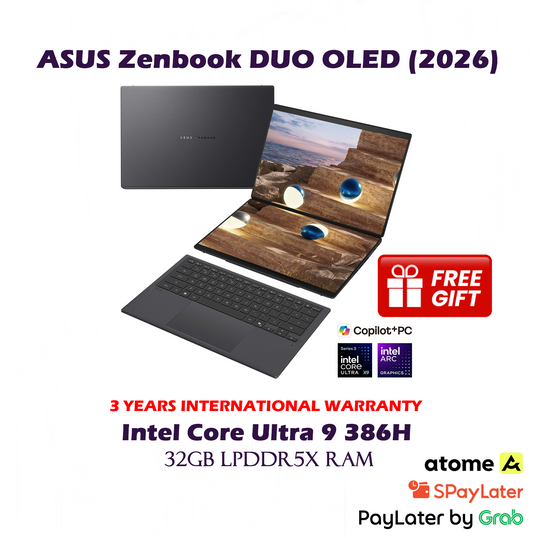 [2026] 1TB SSD ASUS Zenbook DUO 3K 14" OLED Touch Screen Laptop / Intel Core Ultra 9 386H / 32GB RAM - Moher Gray