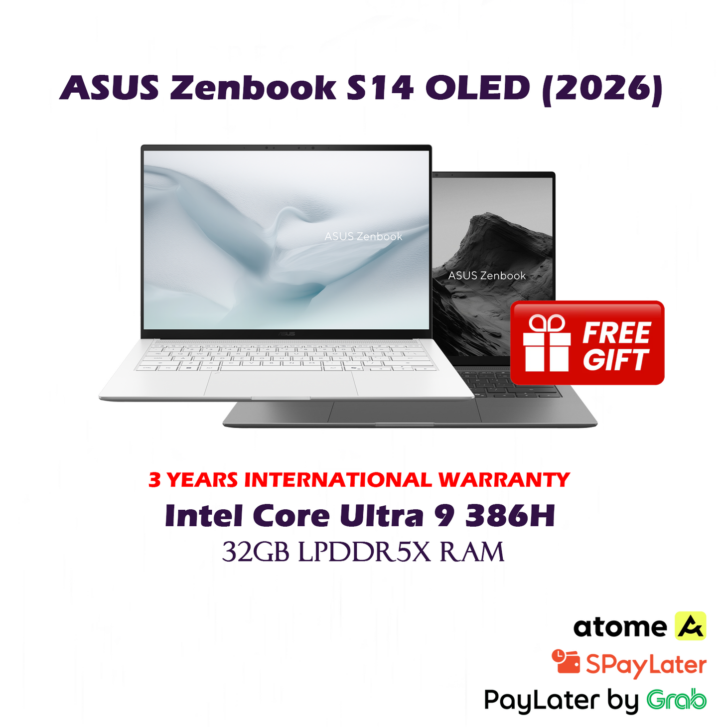 [2026] 1TB ASUS Zenbook S14 3K OLED Laptop - 32GB LPDDR5X RAM / Intel Core Ultra 9 Processor 386H - S 14 / Gray White